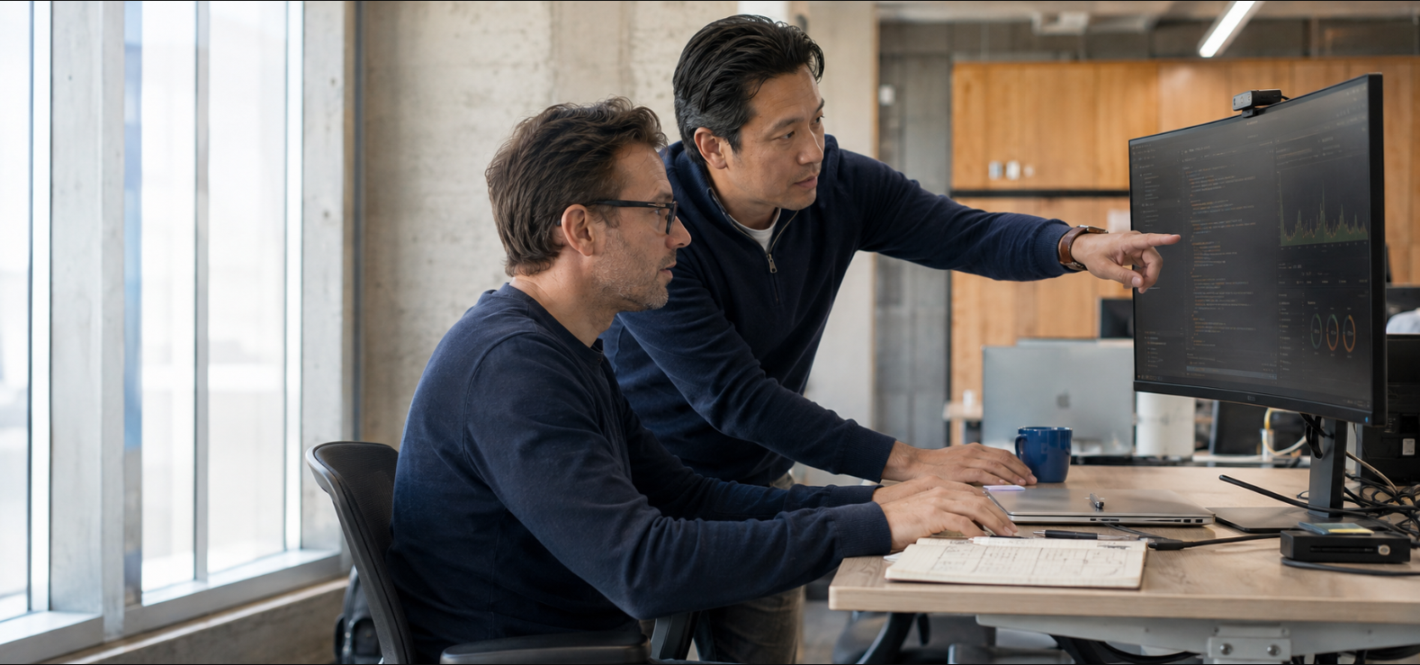 Developer building a data pipeline across two monitors