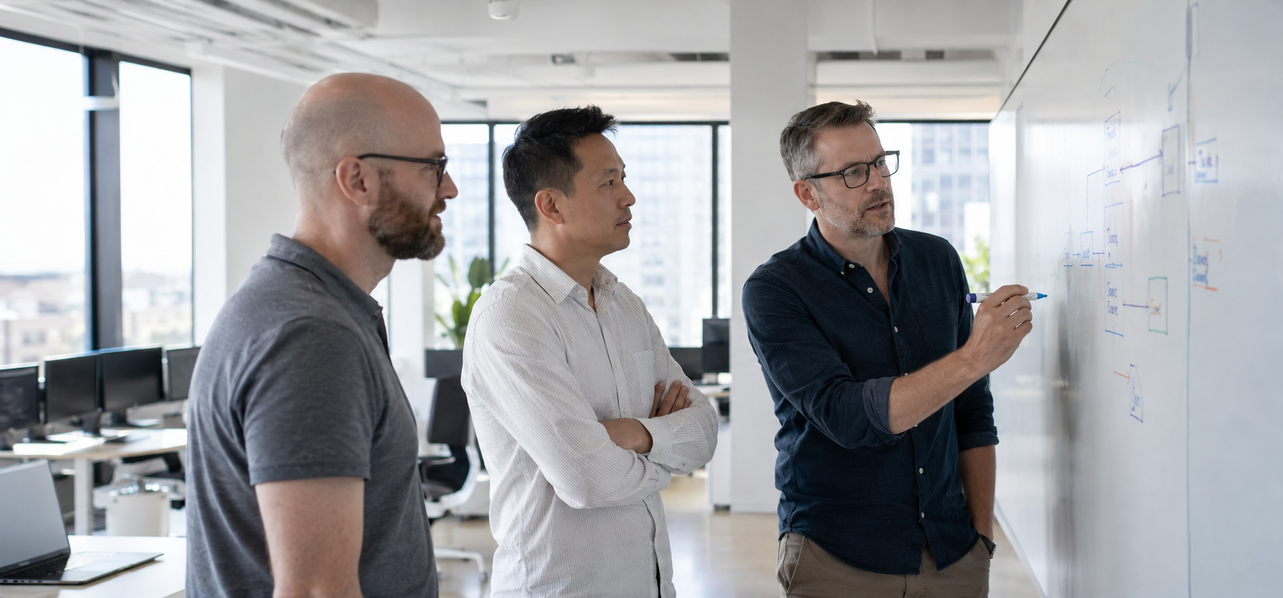 Engineers reviewing a system architecture diagram